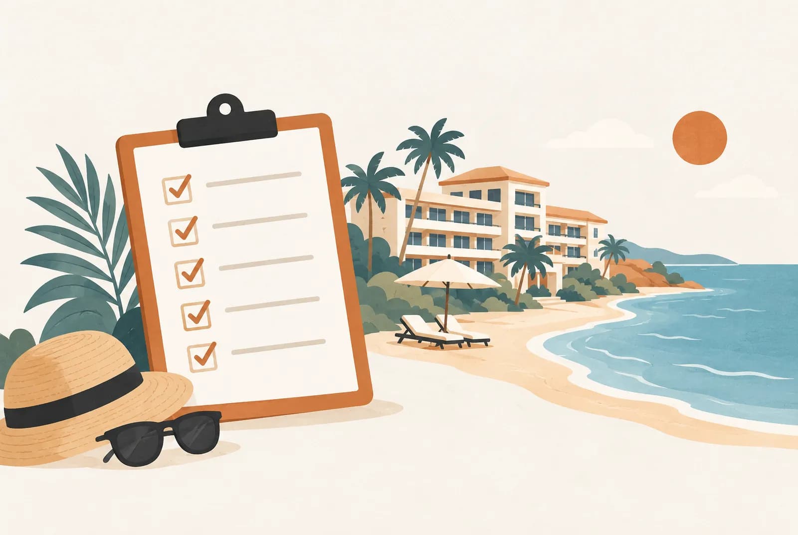 Lista kontrolna z odhaczonymi punktami na tle hotelu przy plaży